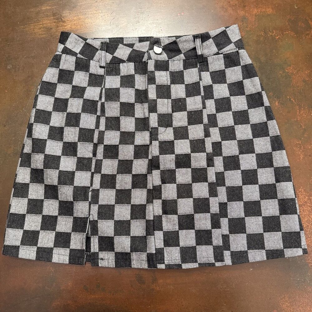 Checkered Grey black Denim mini Skirt Grunge punk Festival Party Dark Gothic fun